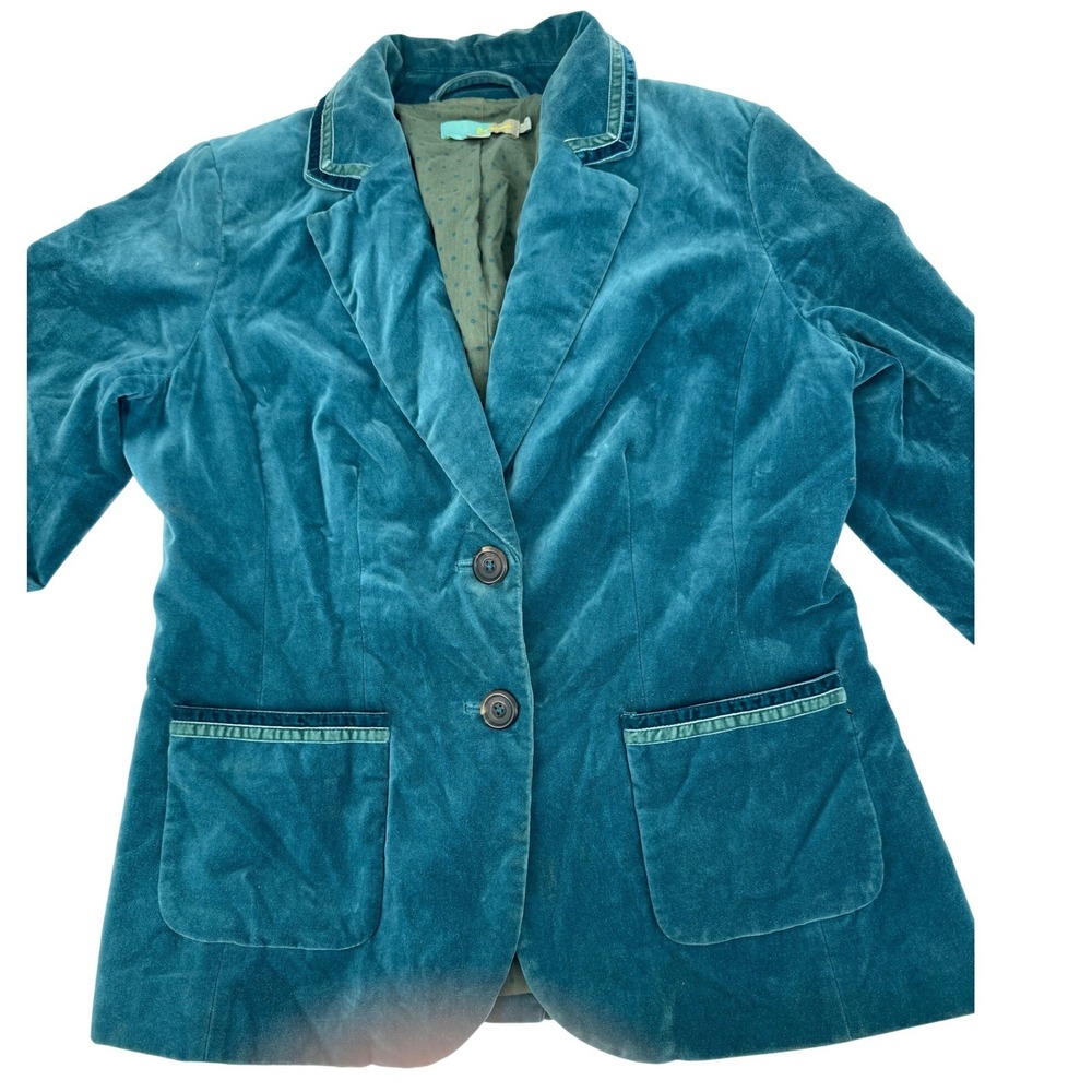 Boden Teal Velvet Blazer Jacket Womens Small Button Down Pockets Spots‎ arm cuff